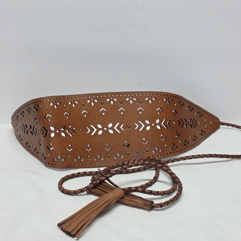 Vintage Lazer Cut Brown Leather Sash Belt Tie Waist Obi Wrap Statement Boho Chic